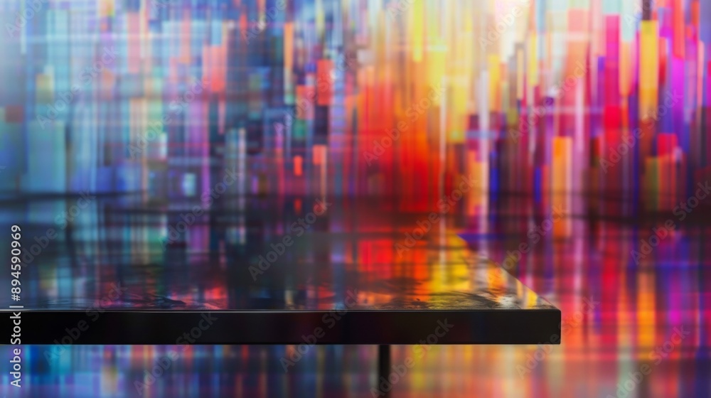 Obraz premium A black table top sits in front of a blurred background with colorful, vertical lines.
