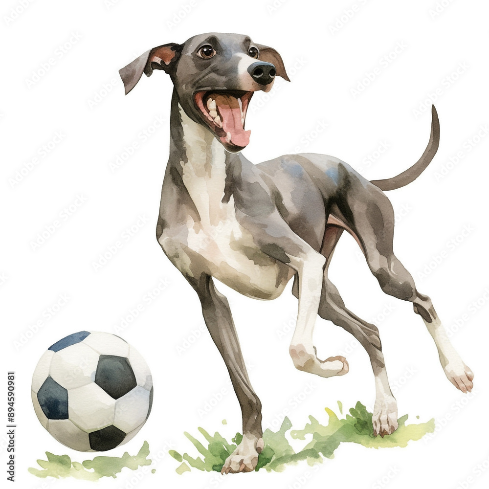 Joyful Whippet Engages in Soccer Ball Play in Watercolor Painting Joyful Whippet Engages in Soccer Ball Play in Watercolor Painting