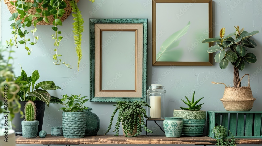 Fototapeta premium Living room decor with brown photo frame on green shelf with stylish plants in unique pots and accessories. Home gardening. Template.