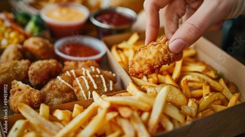 Close-up of a Hand Picking Up a Chicken Tenders from a Box of French Fries
