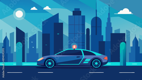 a futuristic car driving on a road in the city, Futuristic vector designsleek, self-driving company car navigating a cityscape with ease