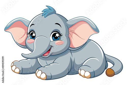 Vector of an adorable blue baby elephant with large ears and a friendly smile, sitting playfully on a white background