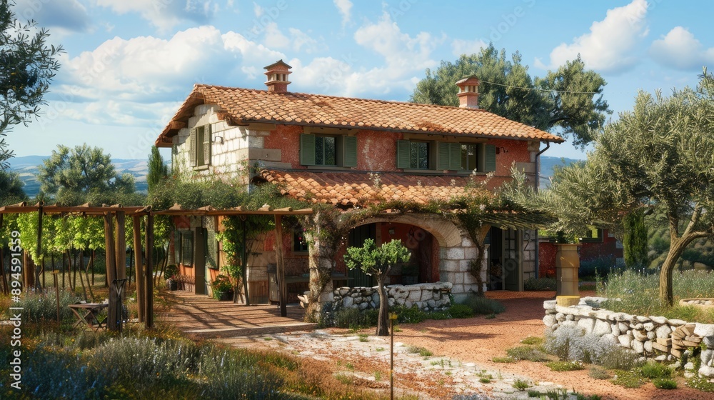 A charming Italian farmhouse with a terracotta roof, stone walls, and a garden filled with olive trees, grapevines, and a rustic pergola. A charming Italian farmhouse with a terracotta roof, stone walls, and a garden filled with olive trees, grapevines, and a rustic pergola.