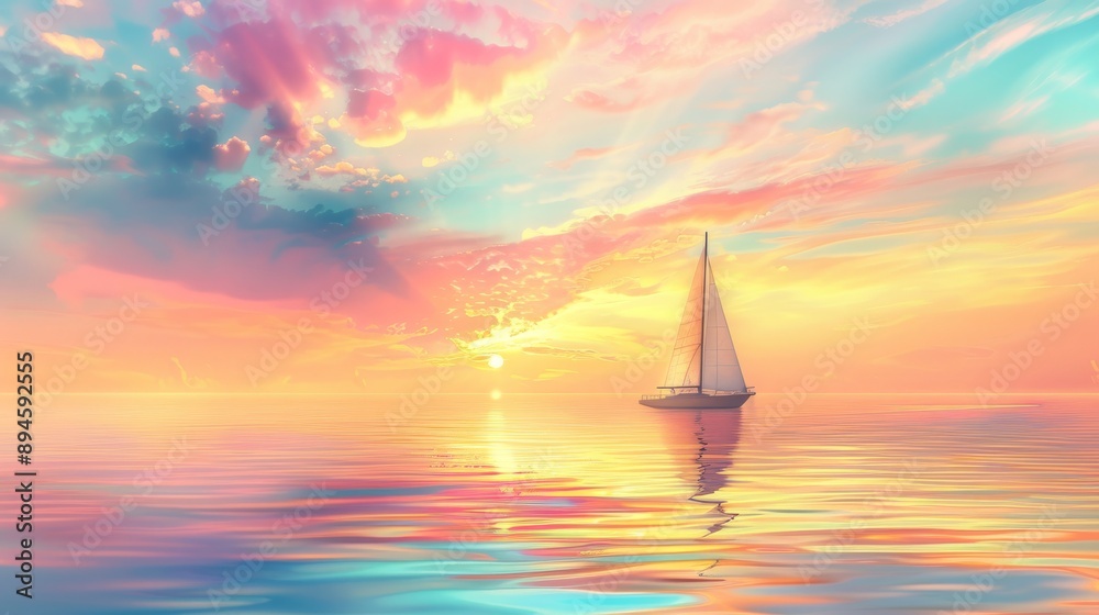 Fototapeta premium Clean Pastel Background with Sailboat Silhouette: Ideal for Summer Adventure and Water Travel Concepts