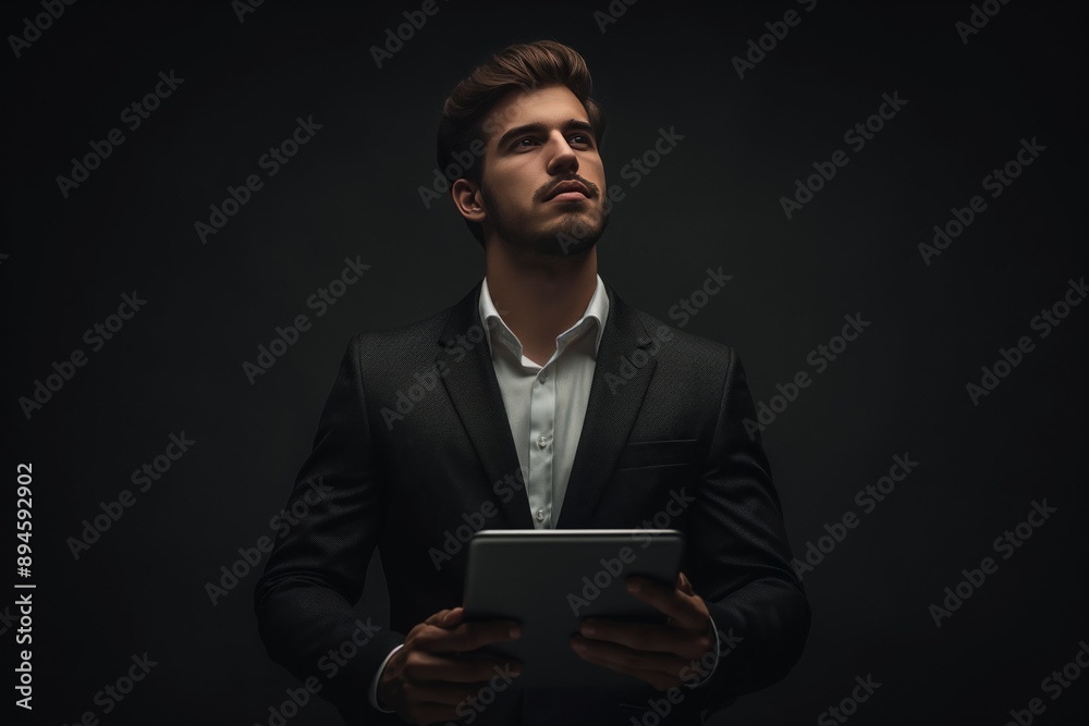 Young Indian Businessman with Glasses Holding Tablet in Professional Dark Background Young Indian Businessman with Glasses Holding Tablet in Professional Dark Background