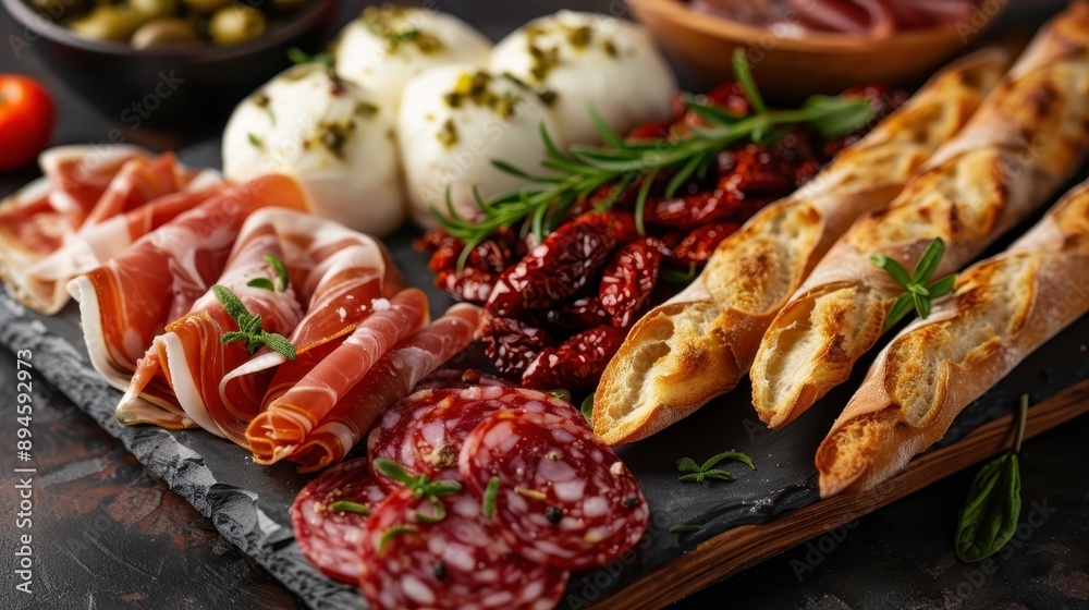 A lavish charcuterie board featuring a delightful array of meats, cheeses, breadsticks, sundried tomatoes, and olives, artfully arranged and garnished for an elegant presentation. A lavish charcuterie board featuring a delightful array of meats, cheeses, breadsticks, sundried tomatoes, and olives, artfully arranged and garnished for an elegant presentation.