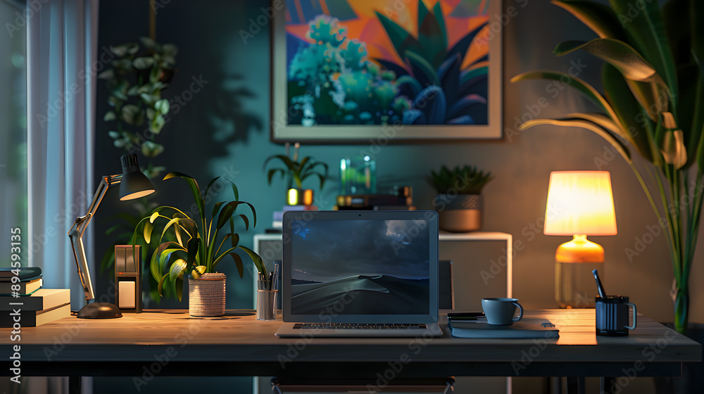 A well-lit home office with a sleek desk, potted plants, and a laptop--conveying productivity and work-from-home comfort.
A well-lit home office with a sleek desk, potted plants, and a laptop--conveying productivity and work-from-home comfort.