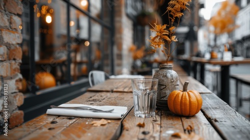 Fototapeta Naklejka Na Ścianę i Meble -  An outdoor restaurant setting with rustic wooden tables decorated with small pumpkins and fall foliage, evoking a cozy, seasonal atmosphere perfect for autumn dining.