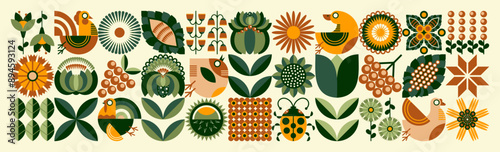 Agriculture and farming. Ukrainian national artistic style "Petrykiv painting". Floral pattern. Scandinavian style. The concept of ecological farming and poultry farming. Green and peach illustration