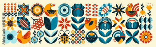 Agriculture and farming. Ukrainian national artistic style "Petrykiv painting". Floral pattern. Scandinavian style. The concept of ecological farming and poultry farming. Blue and orange illustration