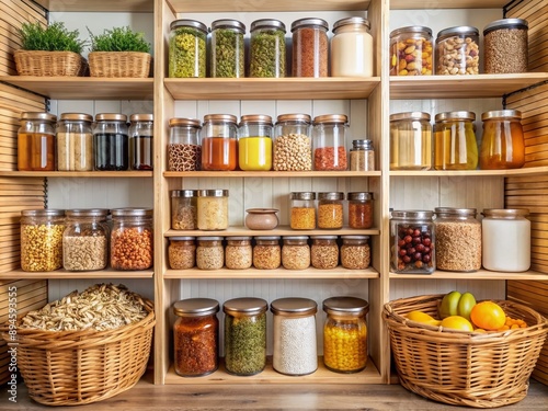 Wallpaper Mural Neatly arranged pantry shelves feature labeled wicker baskets storing assorted food items, spices, and kitchen essentials in a tidy and accessible manner. Torontodigital.ca