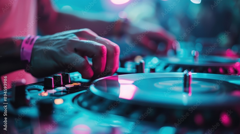 This energetic image showcases a DJ spinning records on turntables in a vibrant club environment, with colorful lights and a bustling atmosphere, capturing the essence of nightlife and music. This energetic image showcases a DJ spinning records on turntables in a vibrant club environment, with colorful lights and a bustling atmosphere, capturing the essence of nightlife and music.