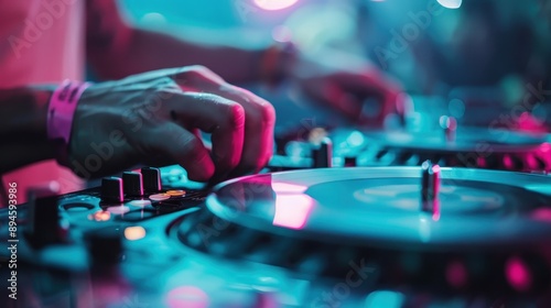 This energetic image showcases a DJ spinning records on turntables in a vibrant club environment, with colorful lights and a bustling atmosphere, capturing the essence of nightlife and music.