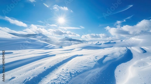 serene winter landscape pristine snowcovered hills beneath crisp blue sky sunlight sparkling on untouched snowdrifts