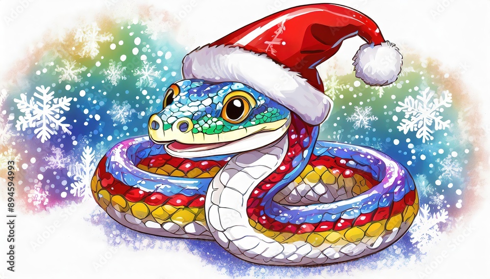 Colorful snake in red Santa Claus Christmas hat isolated on the white background. Watercolor New Year's card Merry Christmas and happy new year 2025.