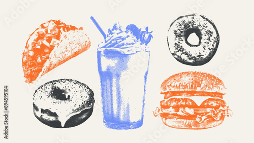Taco, burger, milkshake, donut. Colored halftone stipple collage fast food element kit. Contemporary art stickers in a retro style. Pop art vector with dotted texture.