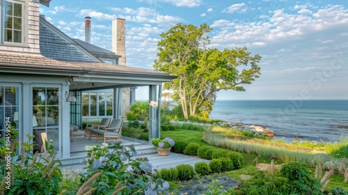 A coastal retreat with a light grey shingled exterior, a wraparound veranda, and a garden overlooking the ocean.