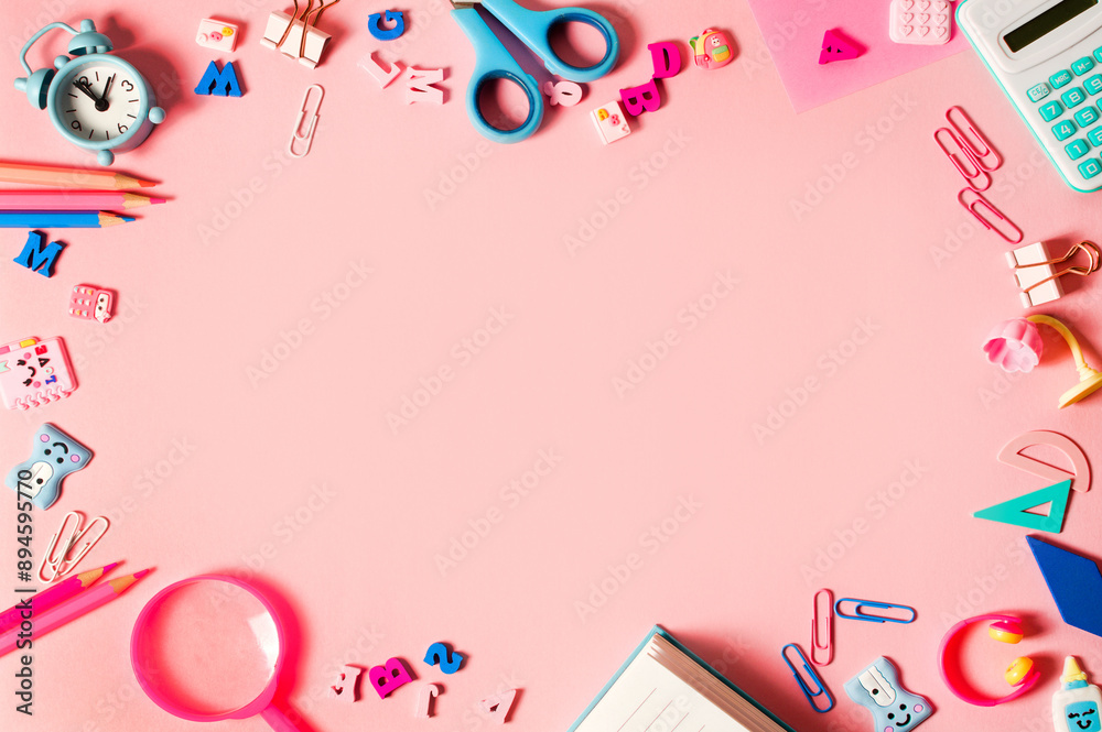 School supplies on pink background, used for Back to School advertising. School supplies on pink background, used for Back to School advertising.