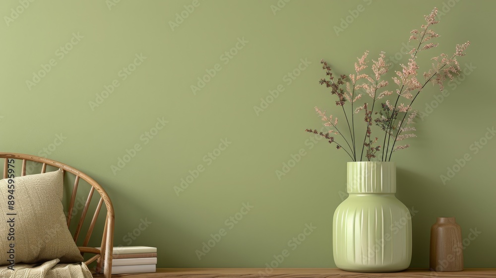 Product Presentation Mockup: Olive Green Wall with Plant and Copy Space