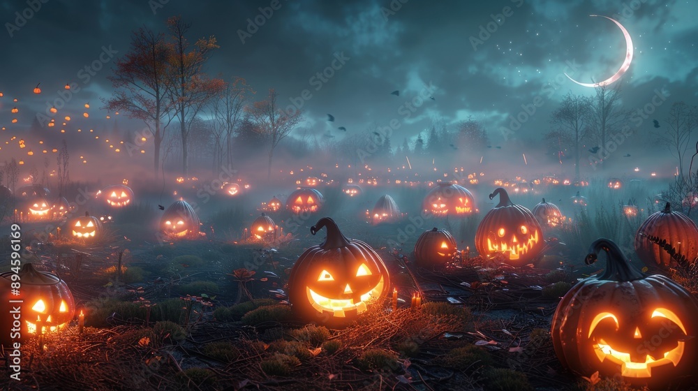Fototapeta premium Misty Night Field with Glowing Jack-o'-lanterns and Crescent Moon