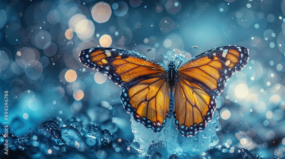 Vibrant Monarch Butterfly Resting on Dew-Covered Surface with Bokeh Background in Nature's Tranquil Setting Vibrant Monarch Butterfly Resting on Dew-Covered Surface with Bokeh Background in Nature's Tranquil Setting