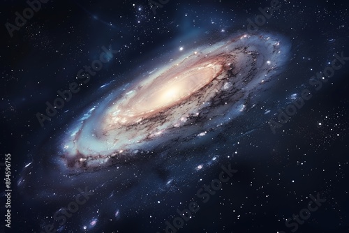 Andromeda galaxy, the second prominent spiral milky way in space, is visible on camera with high resolution and high details. The background stars form an oval shape, which adds to its beauty. photo