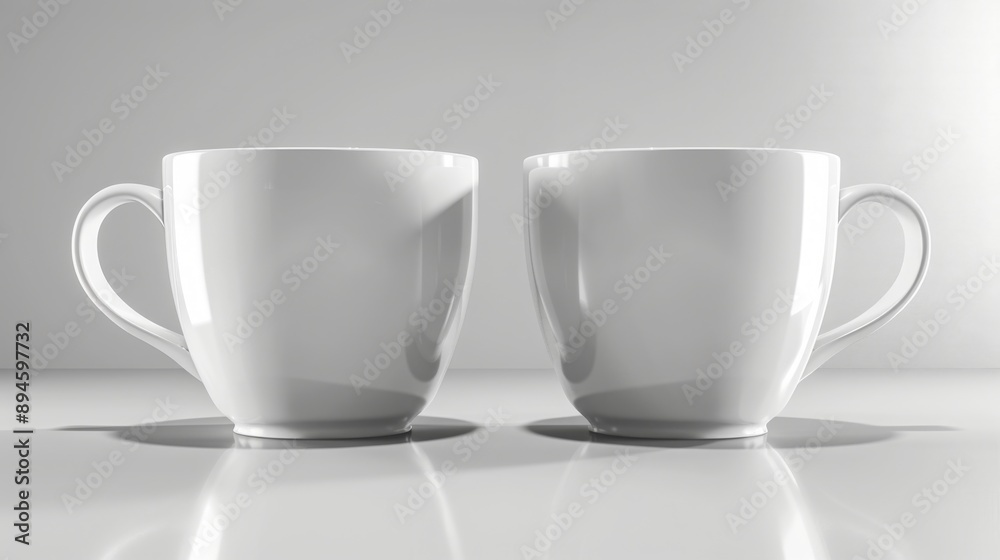 Two Sleek White Mugs Mockup: Classic Tea Cups Advertising Image with Minimalist Background