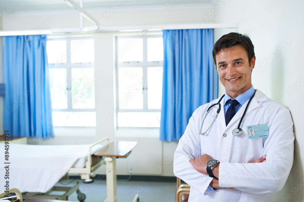 Portrait, doctor and man with arms crossed, expert and happy to help in hospital, proud and smile. Clinic, medical professional and confident person, healthcare with orthopedic surgeon or employee Portrait, doctor and man with arms crossed, expert and happy to help in hospital, proud and smile. Clinic, medical professional and confident person, healthcare with orthopedic surgeon or employee