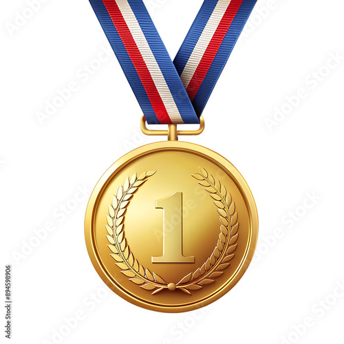 Isolated on translucent background, a gold medal with a ribbon. First-place winner of the sport athlete award
