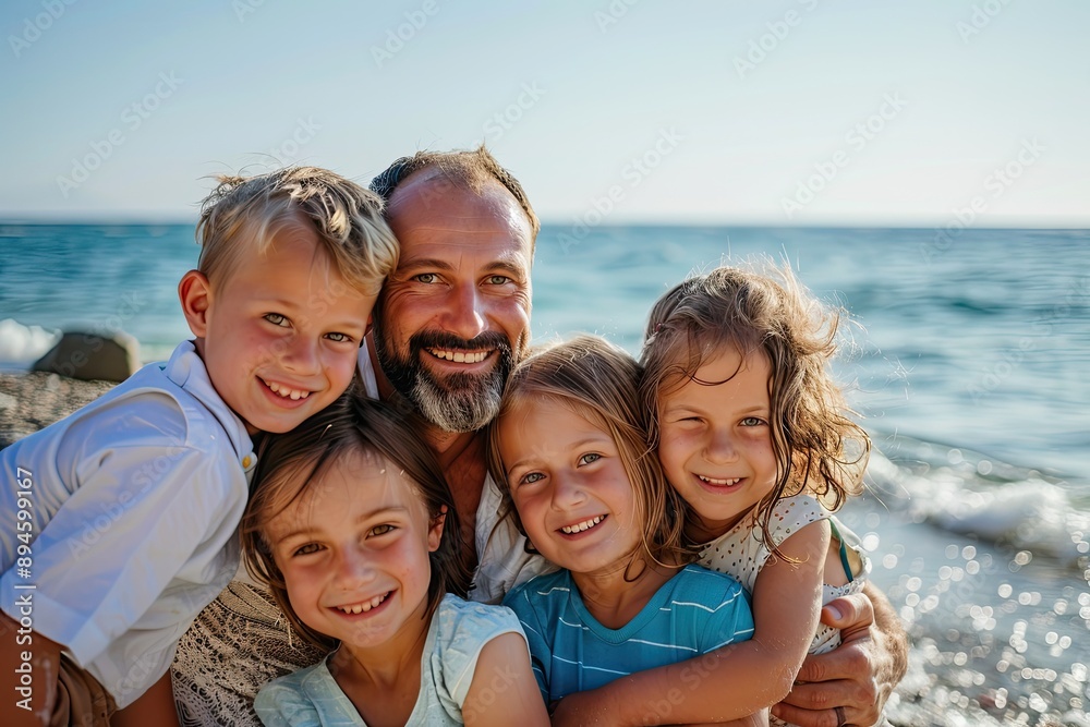 Happy family hugging on beach at sunset, joyful moment. Happy family hugging on beach at sunset, joyful moment.