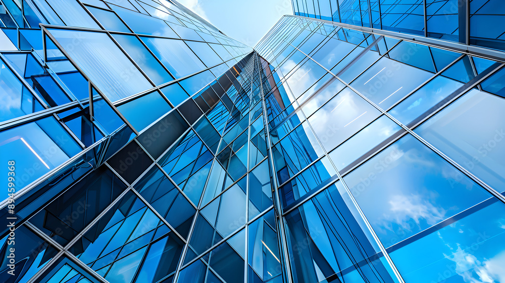 Obraz premium An unconventional angle of a modern building, emphasizing geometric shapes and reflections.
