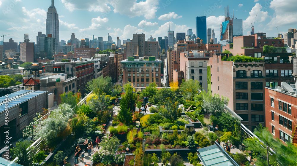 Naklejka premium A panoramic shot of a rooftop garden in a bustling city, showcasing lush greenery, solar panels, and people enjoying the view.