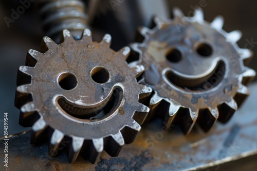 Two gears meshing with smiley faces, synergy concept, with copy space