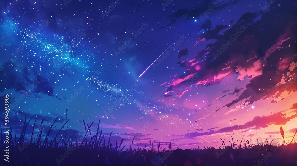 Stunning anime sky with star falls, perfect for digital art style wallpaper backgrounds. Stunning anime sky with star falls, perfect for digital art style wallpaper backgrounds.