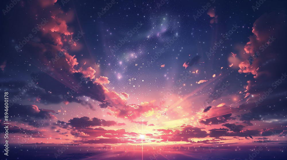 Naklejka premium Fantasy star falls with flares in an anime sky, creating a stunning wallpaper background.