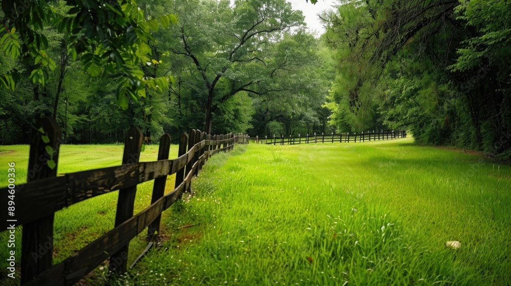 Rustic wooden fence bordering a lush, green field Rustic wooden fence bordering a lush, green field