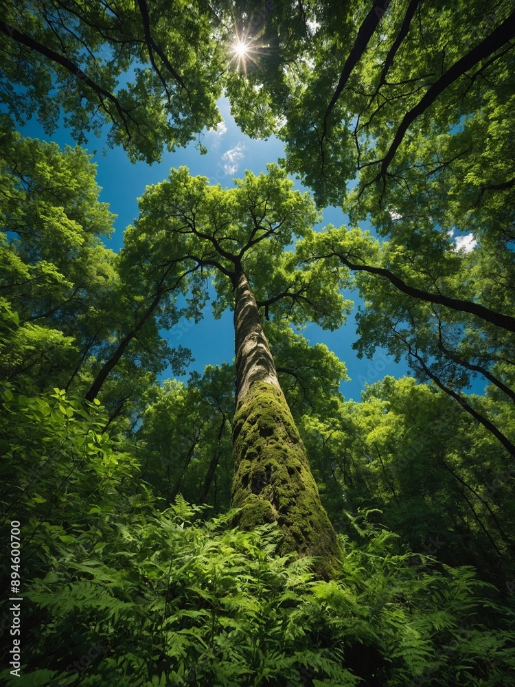 Fototapeta premium Towering tree with moss-covered trunk extends upwards towards clear blue sky, surrounded by dense canopy of vibrant green leaves. Sunlight filters through foliage.
