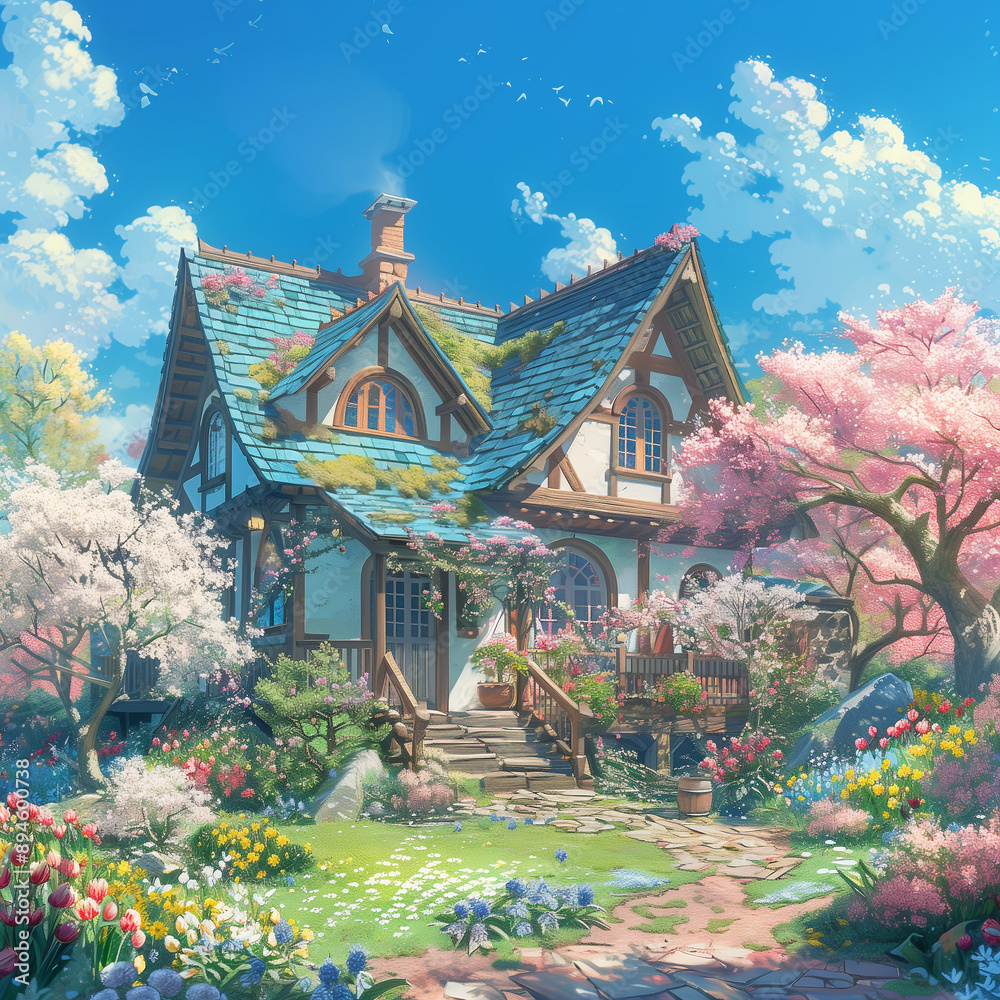 Obraz premium Delightful anime-style house in a lively spring garden, with a quaint storybook design, thatched roof, pastel walls, and surrounded by cherry blossoms, tulips, and daffodils.