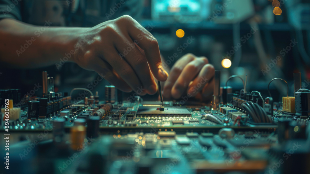 Close-up of a technician's hands assembling a circuit board, highlighting precision work in electronics and technology. Close-up of a technician's hands assembling a circuit board, highlighting precision work in electronics and technology.