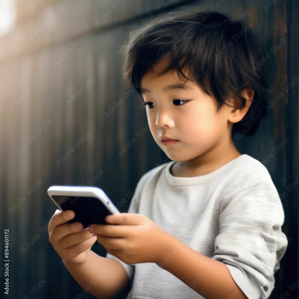 Asian Boy Immersed in Smartphone Games: Modern Childhood Close-Up Portrait Asian Boy Immersed in Smartphone Games: Modern Childhood Close-Up Portrait