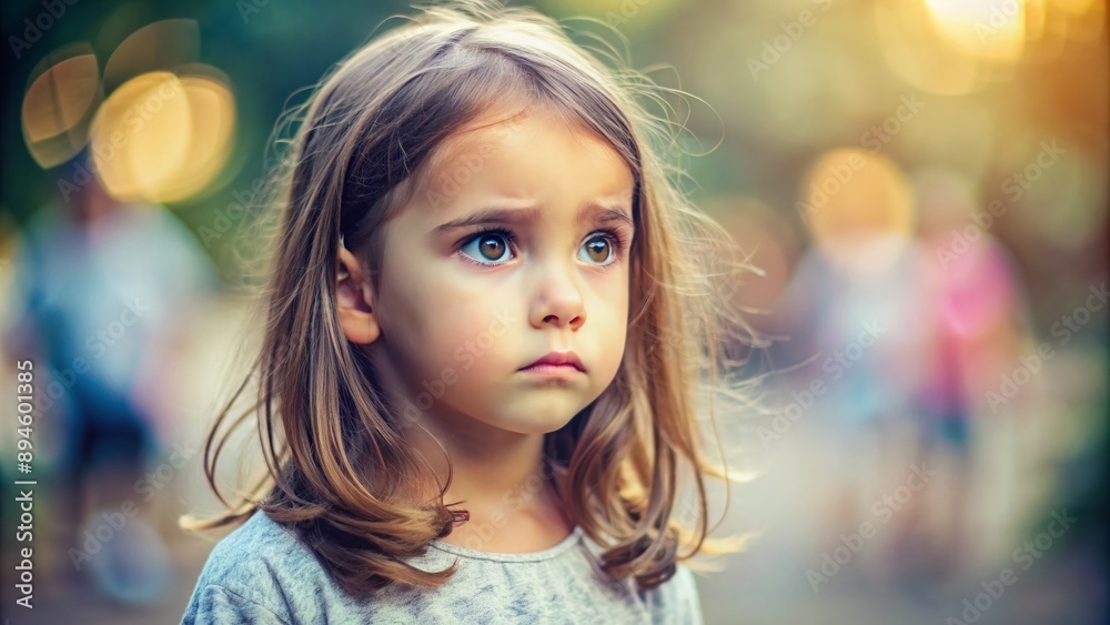 Curious young girl with tilted head and furrowed brow stands alone in a blurred background, her puzzled expression conveying a sense of wonder.