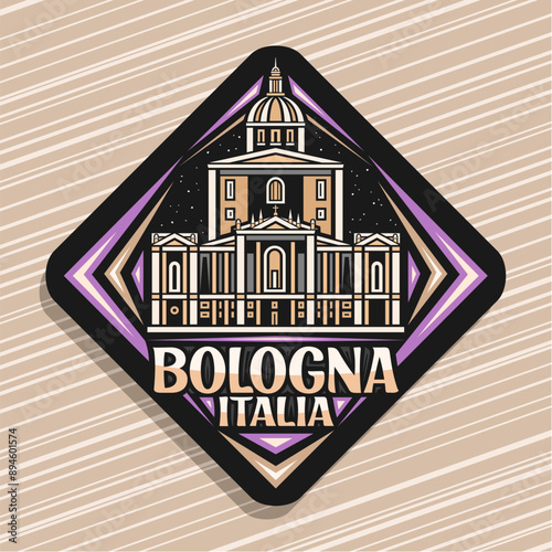 Vector logo for Bologna, dark rhomb road sign with line illustration of famous madonna di san luca in bologna on dusk sky background, decorative urban refrigerator magnet with text bologna, italia