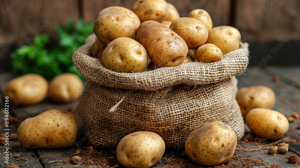 A rustic composition featuring a burlap sack overflowing with fresh, unpeeled potatoes placed on a wooden surface. A rustic composition featuring a burlap sack overflowing with fresh, unpeeled potatoes placed on a wooden surface.