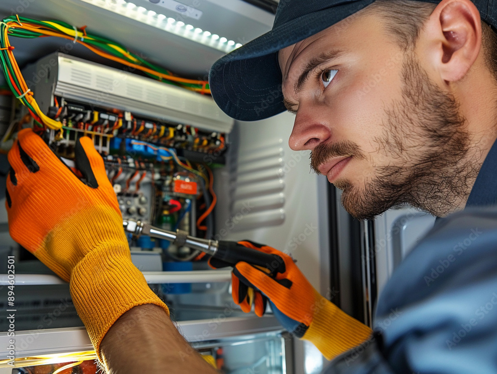 Fototapeta premium Electrician Inspecting Electrical Panel In A Home