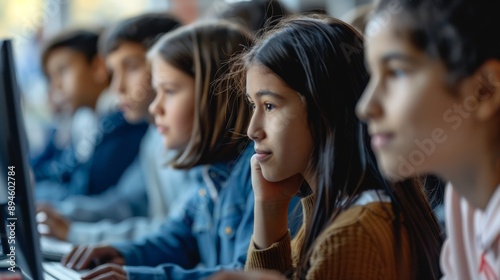 Aufmerksame Schulkinder am Computer – Moderne Lernumgebung im Klassenraum photo