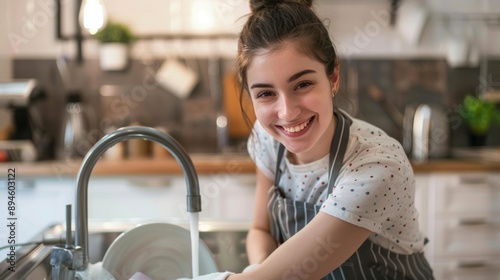 Junge Frau beim Abwasch – Fröhliche Küchenroutine mit strahlendem Lächeln