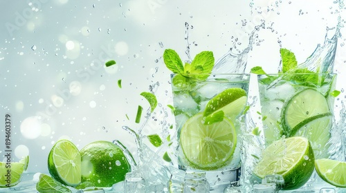 Glass of Mojito summer cocktail with ice cubes mint and lime on white background with raw lime and mint leaf