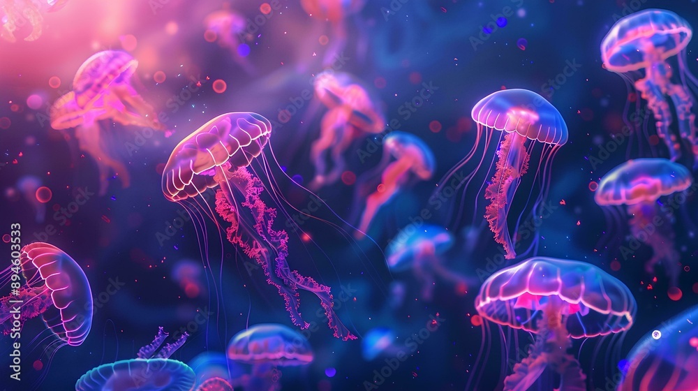 Naklejka premium In the dark sea, glowing jellyfish float in large groups, with light blue and purple colors. The background is black paper, with an overhead perspective of macro, mysterious atmosphere