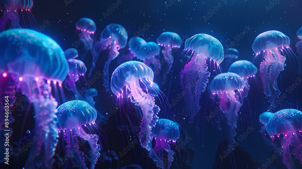 Naklejka premium In the dark sea, glowing jellyfish float in large groups, with light blue and purple colors. The background is black paper, with an overhead perspective of macro, mysterious atmosphere