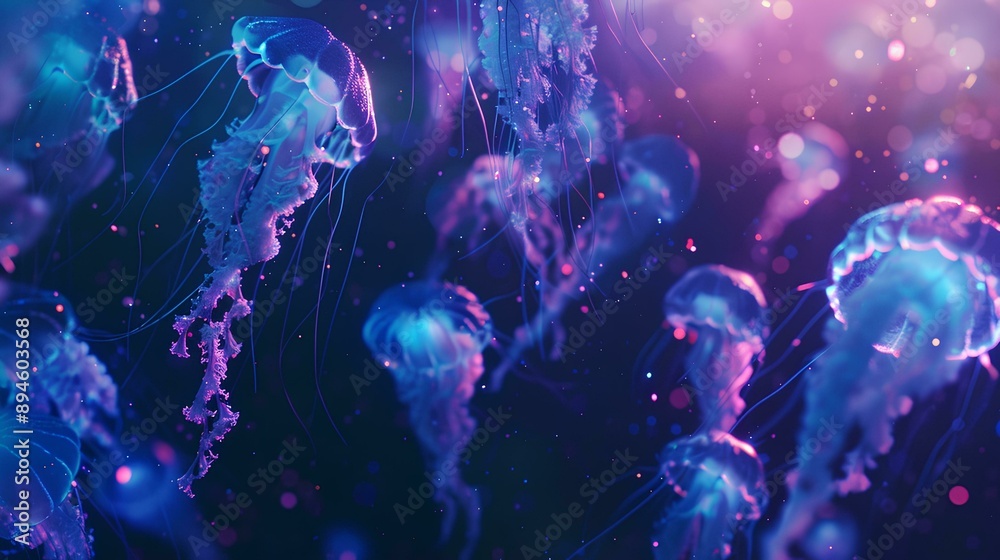 In the dark sea, glowing jellyfish float in large groups, with light blue and purple colors. The background is black paper, with an overhead perspective of macro, mysterious atmosphere In the dark sea, glowing jellyfish float in large groups, with light blue and purple colors. The background is black paper, with an overhead perspective of macro, mysterious atmosphere